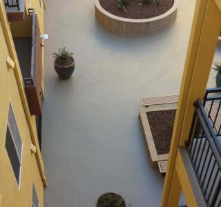 View of concrete patio from above